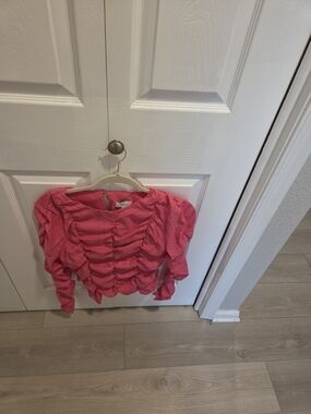 Womens Pink Ruffle Long-Sleeve Top